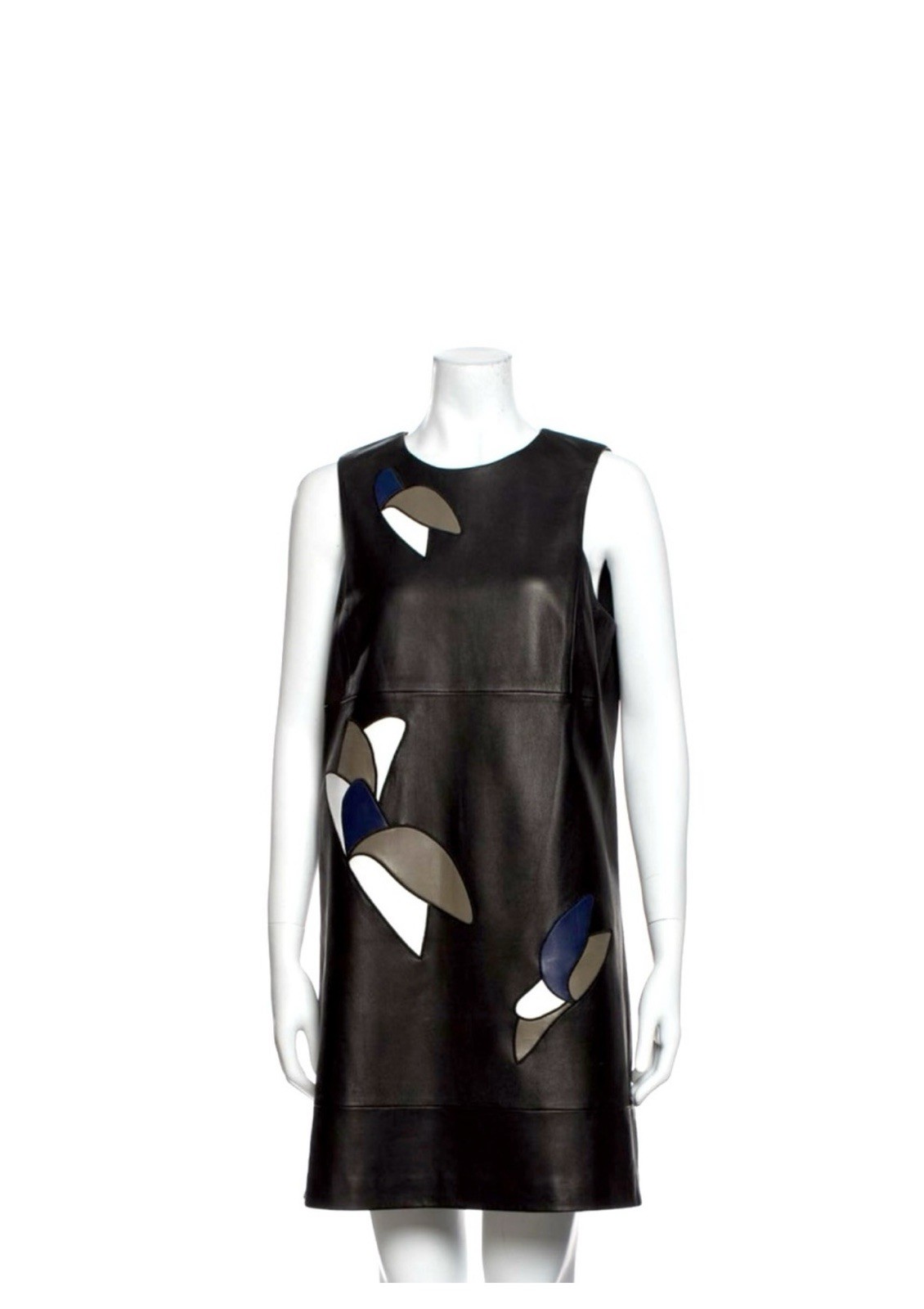TIBI Black Blue Beige White Geometric Leather Sleeveless Shift Dress