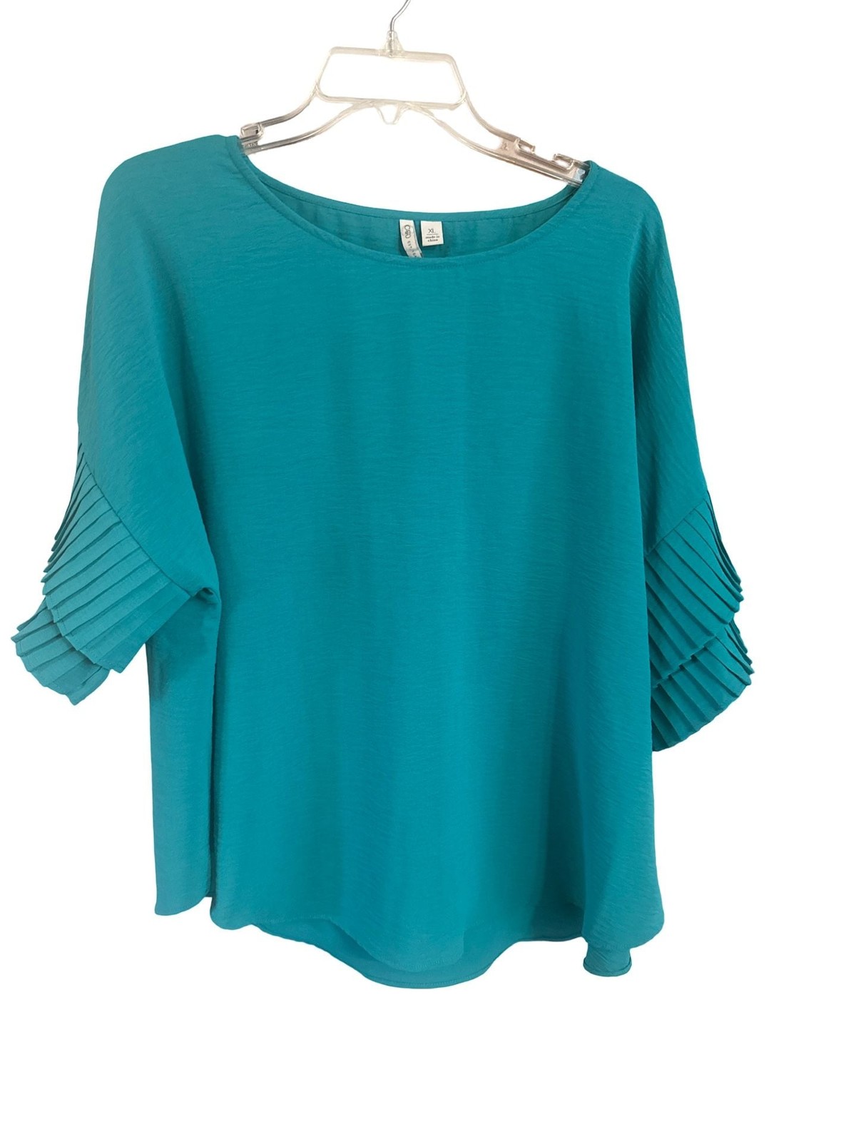 Cato Women’s Teal Scoop Neck Blouse with Pleated Flutter Sleeves