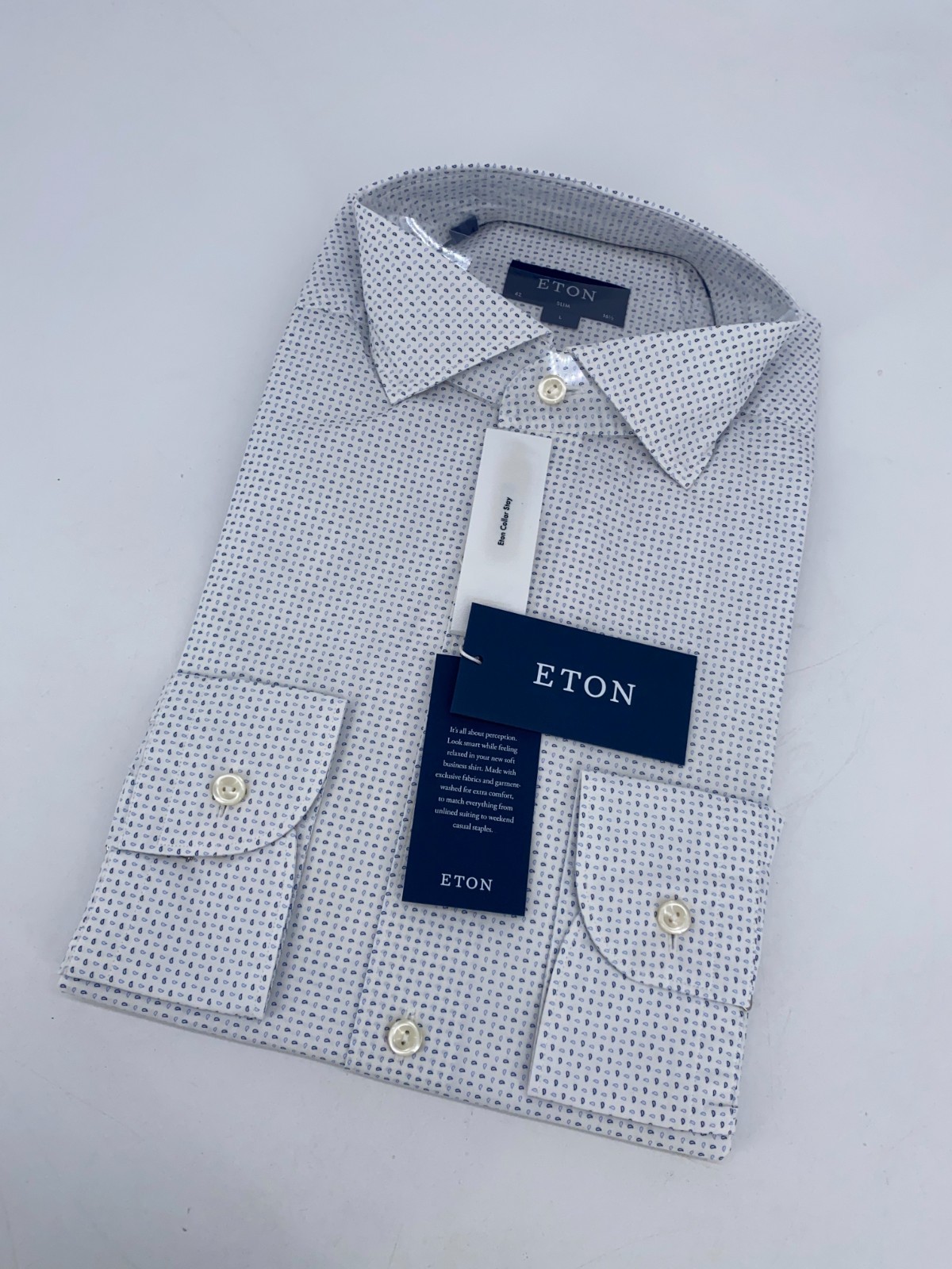 Eton Dress Shirt Mens L 16 1/2 – 42 White Blue Paisley Poplin Slim Fit Business
