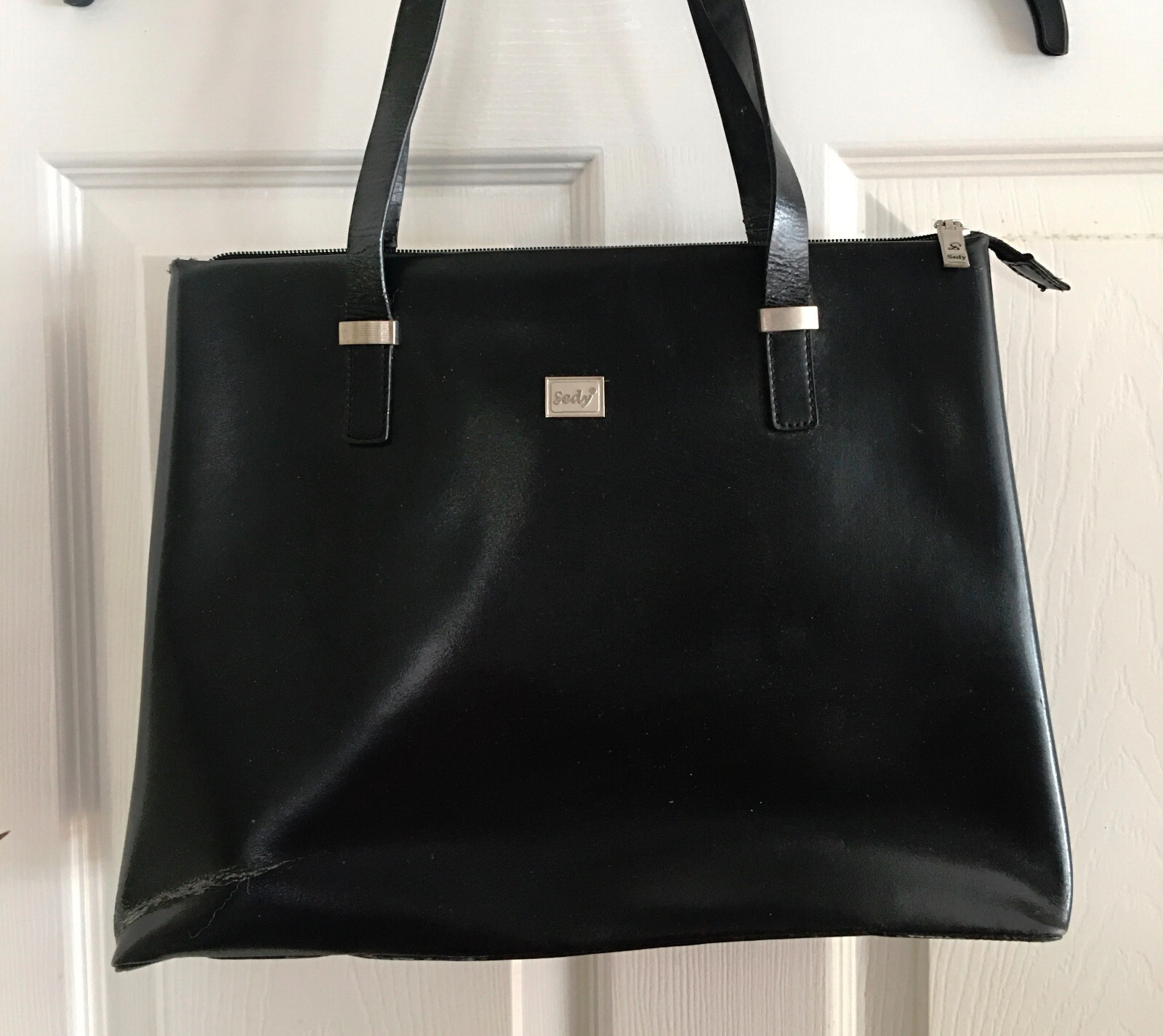 Vintage 1990s Sedy Black Genuine Leather Tote Bag 14″L x 4″W x 11″H ***Read