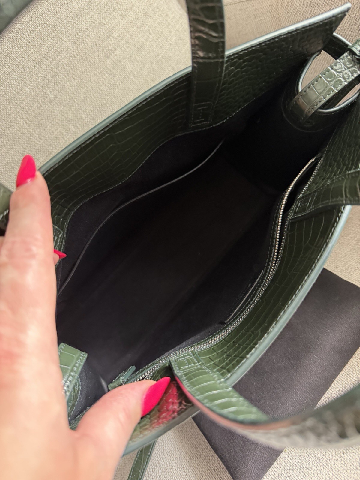 SAINT LAURENT Small Manhattan Green Silver Embossed Leather Bag Shoulder Strap