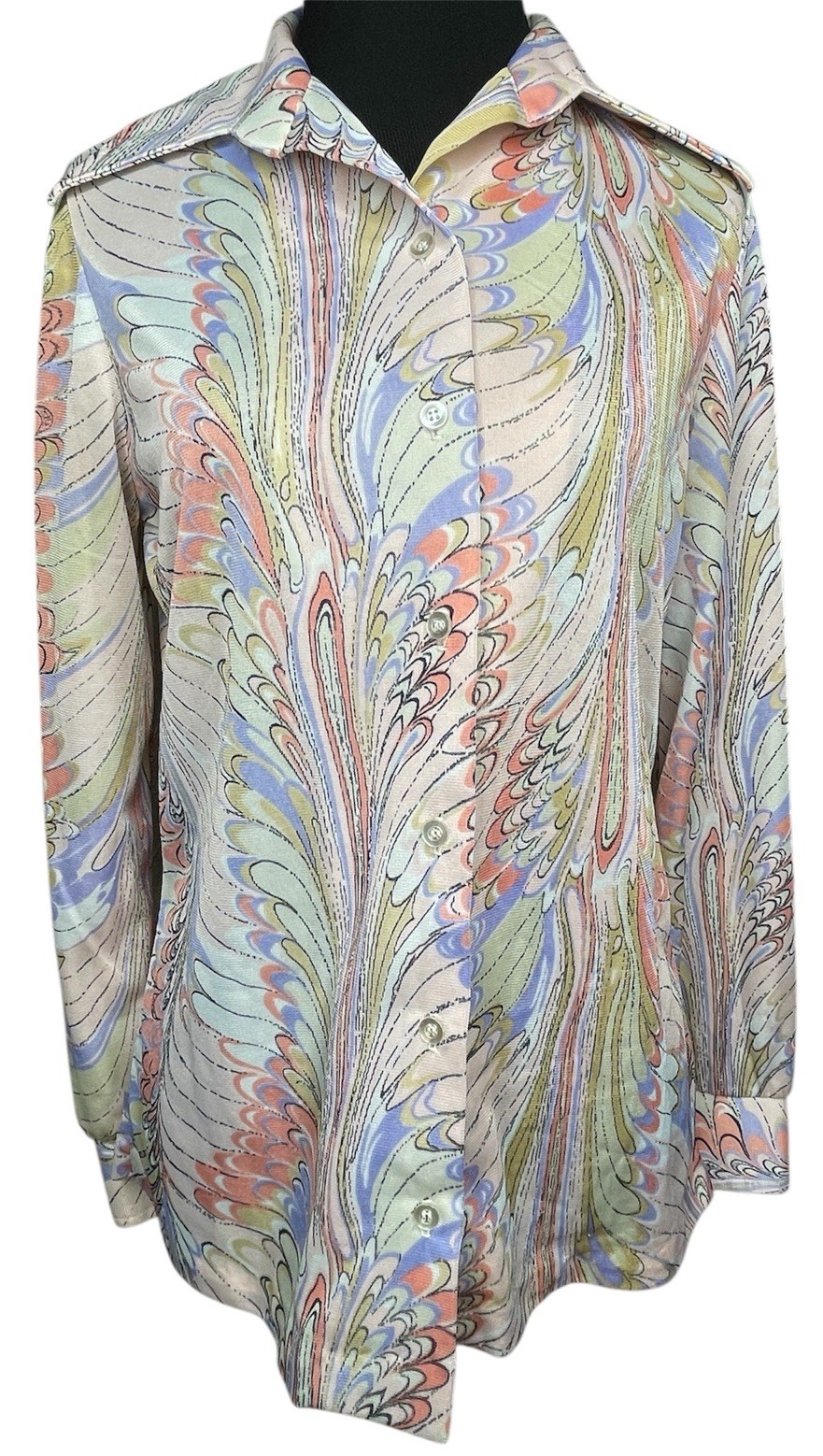 Vintage 70s Bradley Abstract Print Button Up Blouse Women’s Small Psychedelic