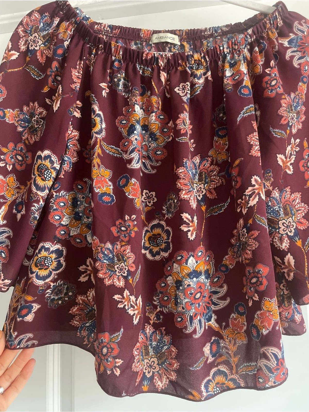 Ambiance Maroon Floral Off Shoulder Blouse Elastic Neck Flowy Top Size Small