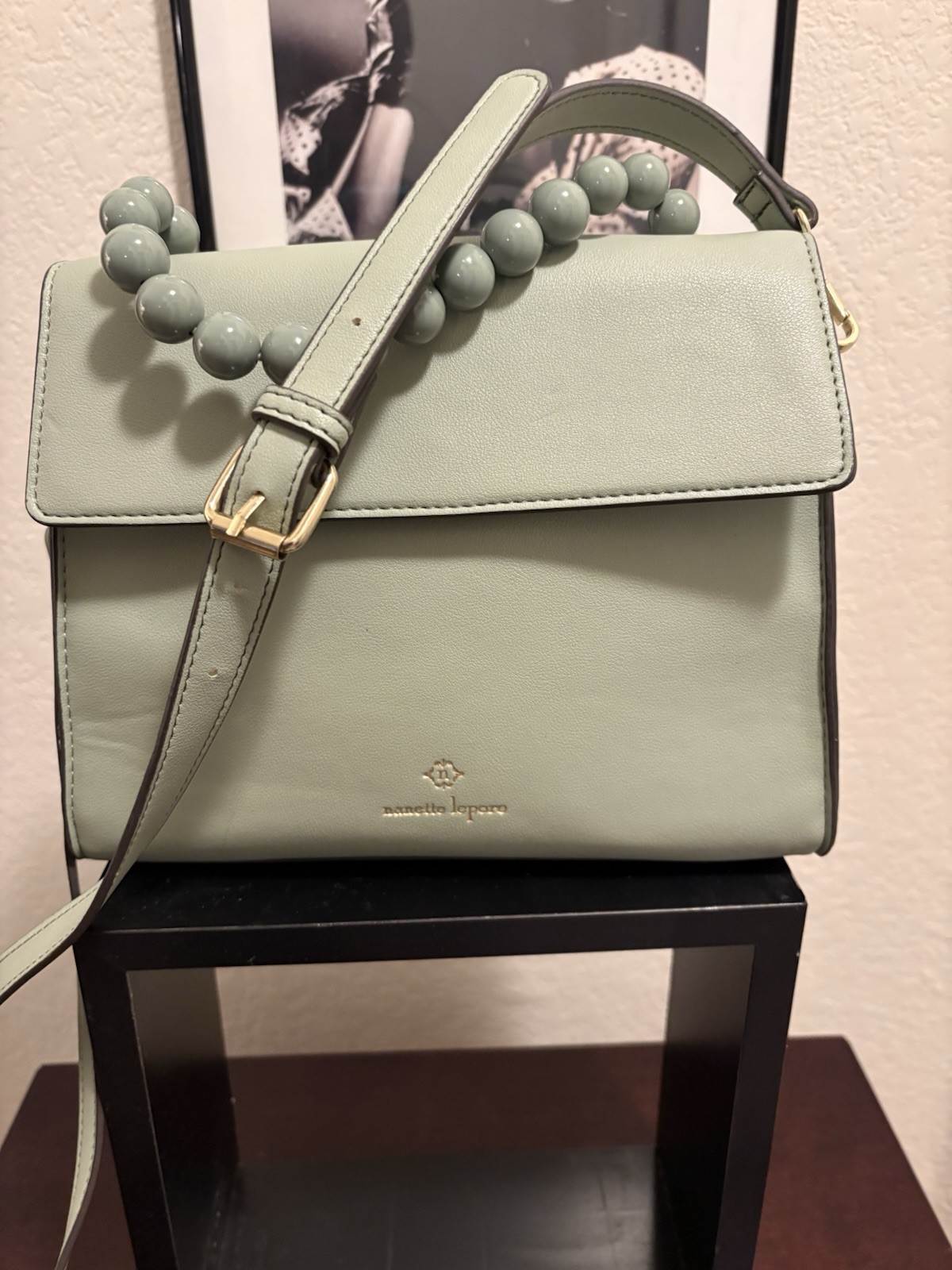 Nanette Lepore Sea Foam Green Beaded Handle Crossbody Satchel Vegan Leather