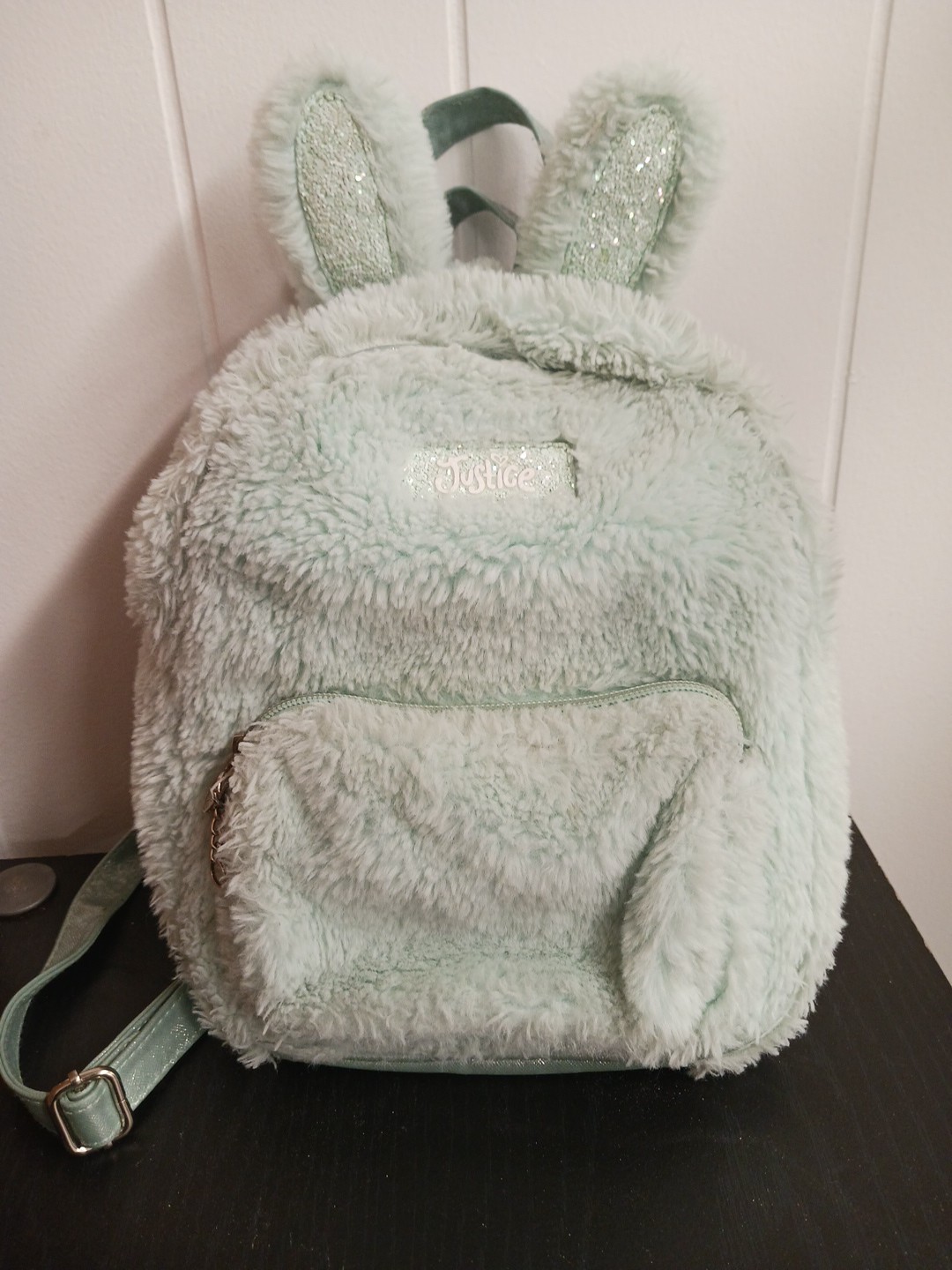 Justice Bunny Mint Plush Mini Backpack Soft Faux Fur Sequin Ears Zipper Pockets