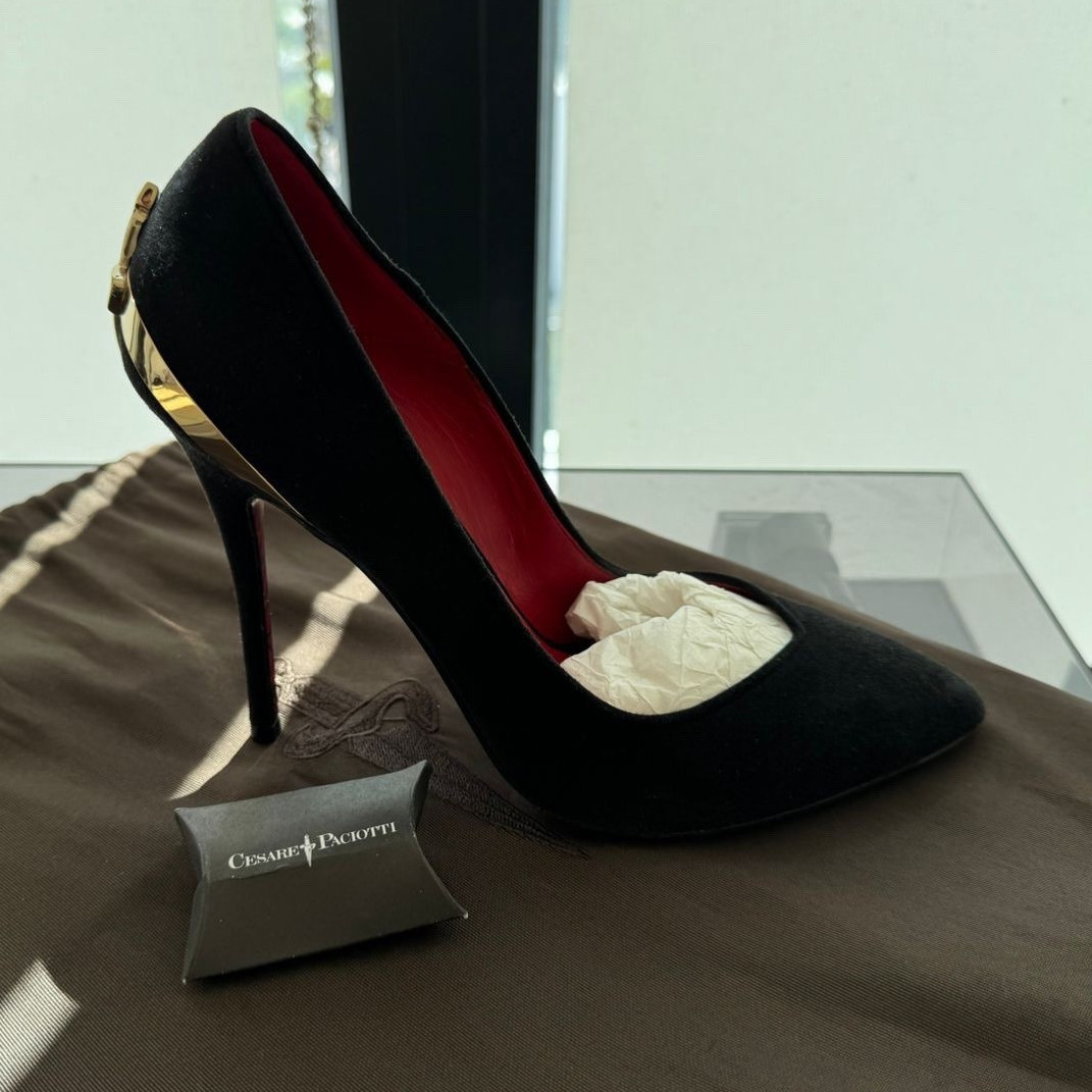Cesare Paciotti Black Suede Pumps Gold Hardware Pointed Toe Stiletto Heel