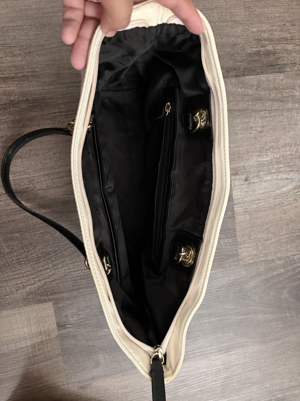 Calvin Klein Black And White Quilted Tote Bag Golden Chain Strap