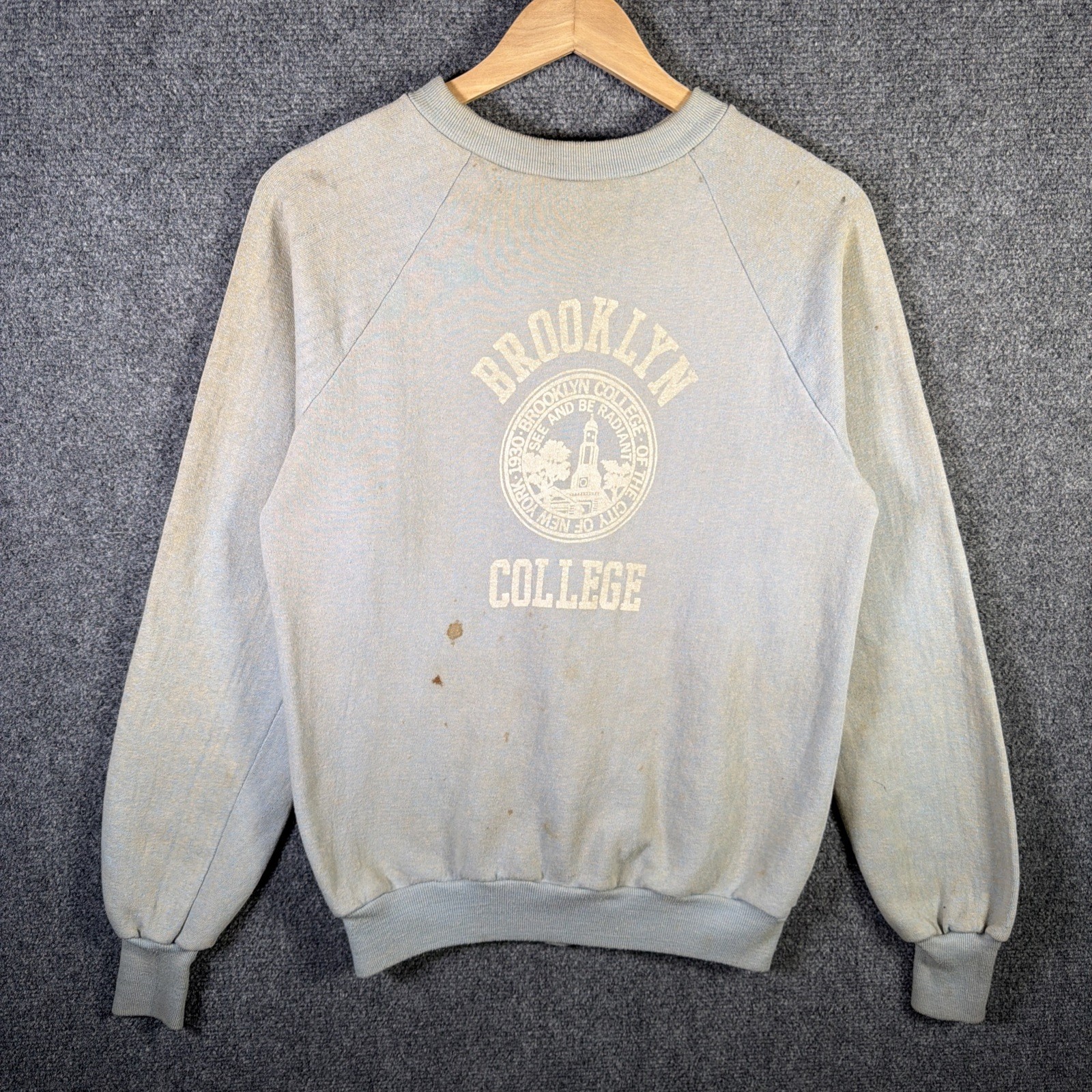 True Vintage Sweatshirt Medium Blue Brooklyn College Sweater 50s 60s Gussets USA