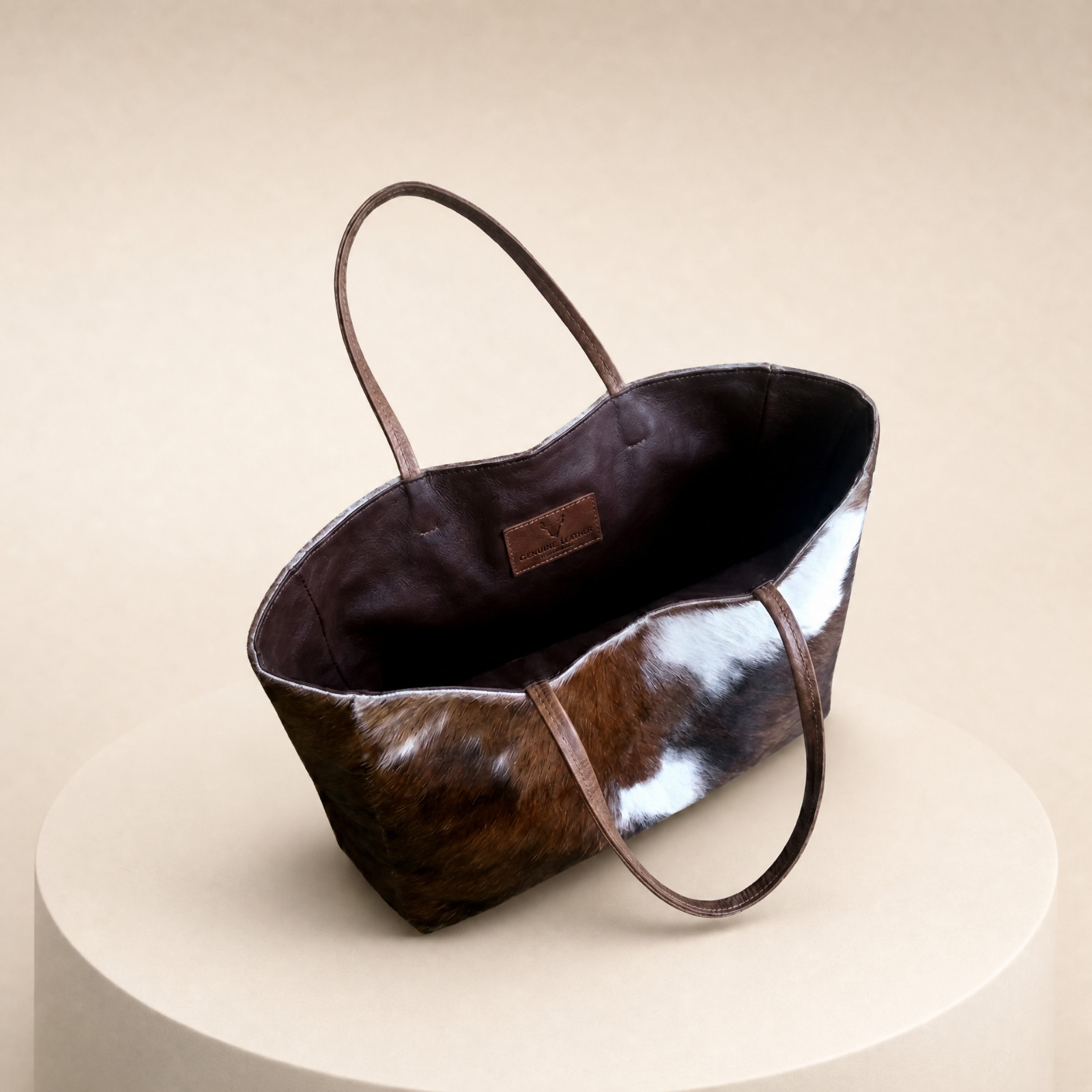 Cowhide Leather Tote Bag Brown White Cow Print Western Women’s Handbag