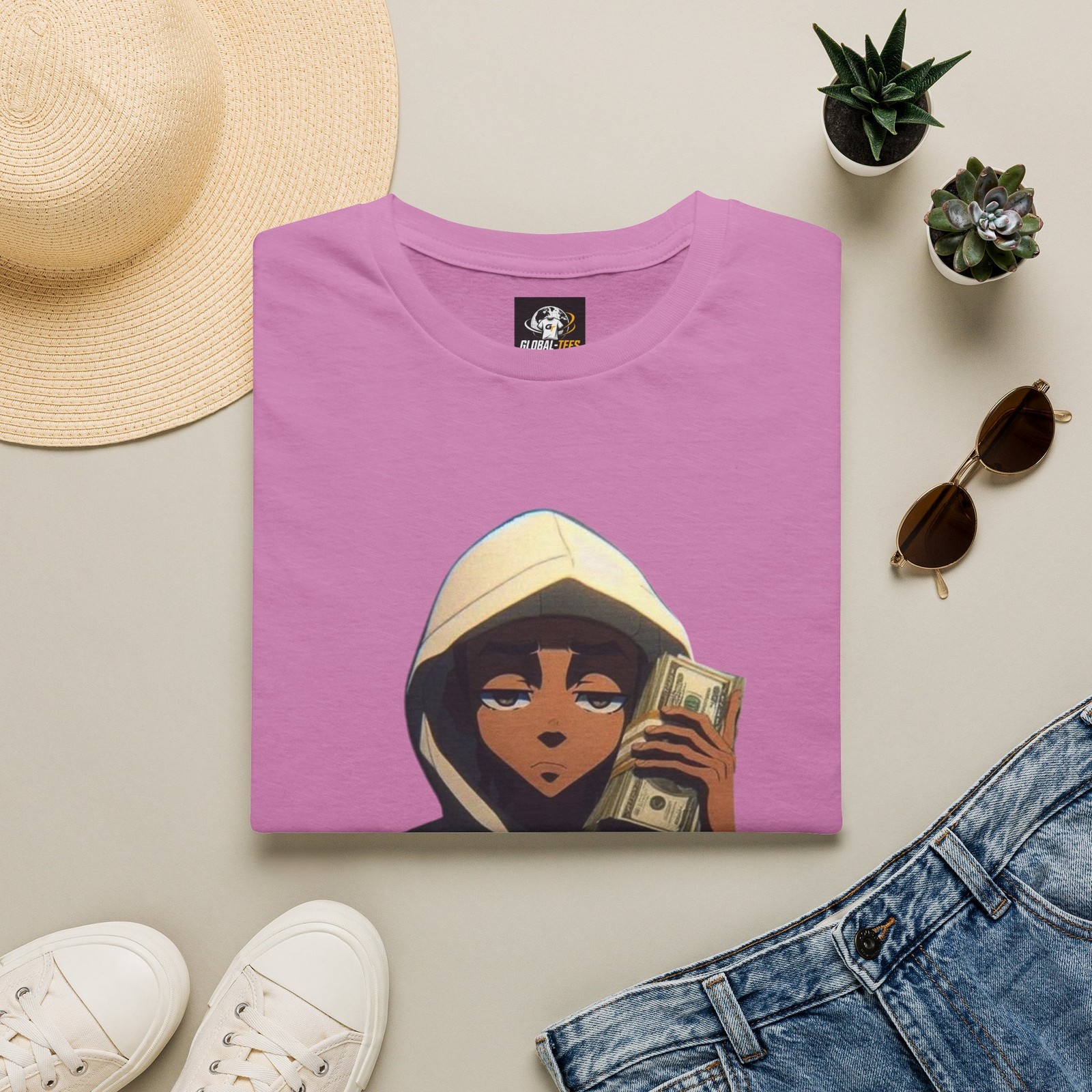 Hooded Girl Holding Cash T-Shirt | Anime Streetwear