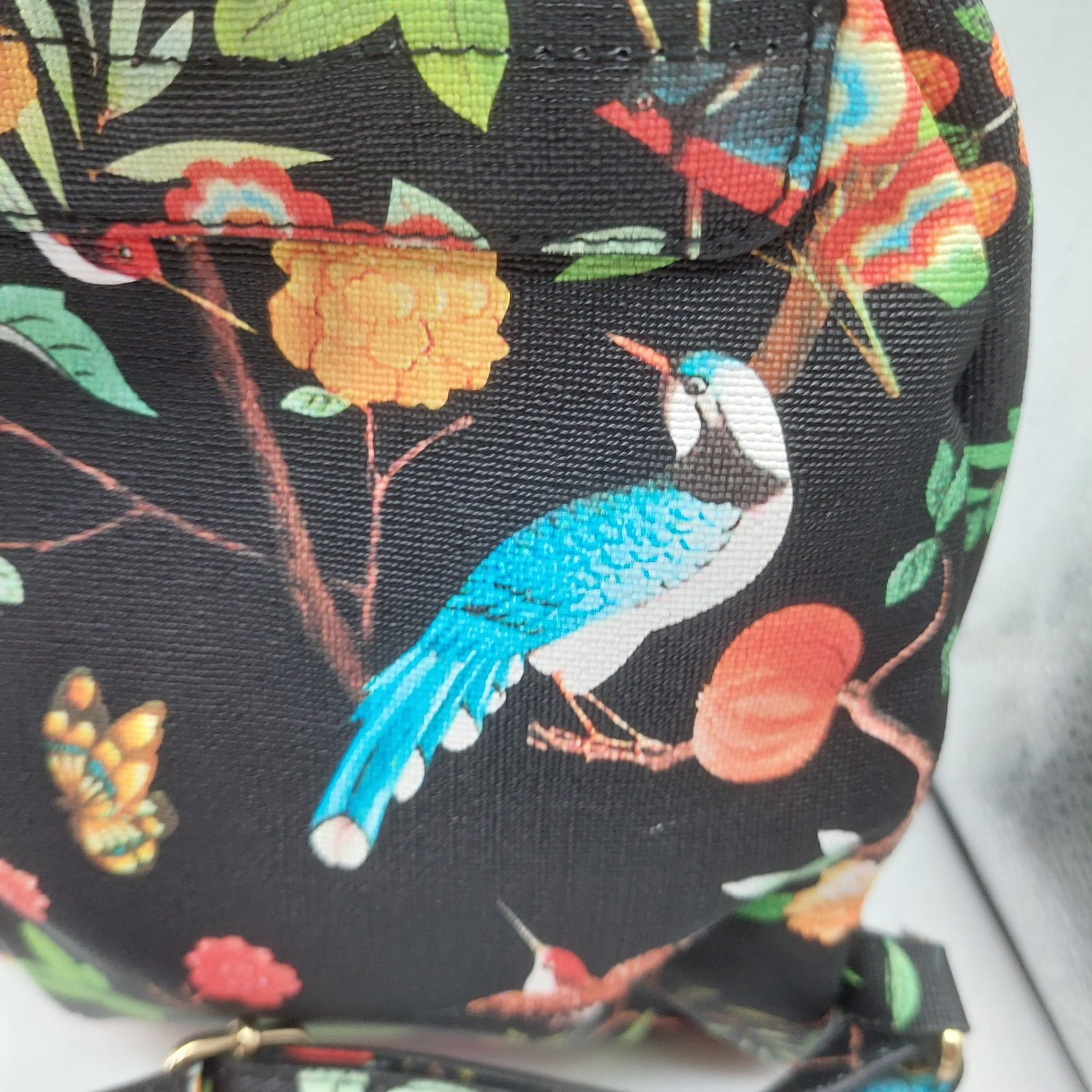Womens Backpack Black Floral Birds Blue Birds Hummingbird Small 12″