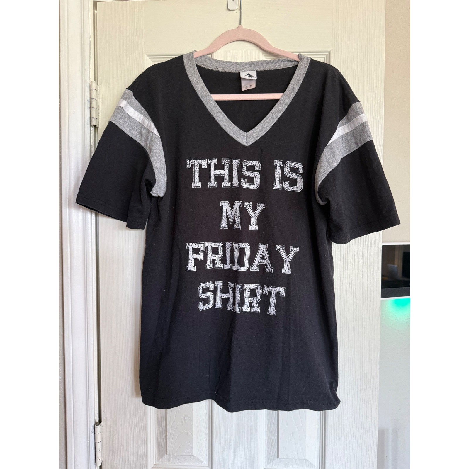 Augusta Sportswear Friday Shirt Graphic Jersey V-Neck Tee Black Grey Womens M