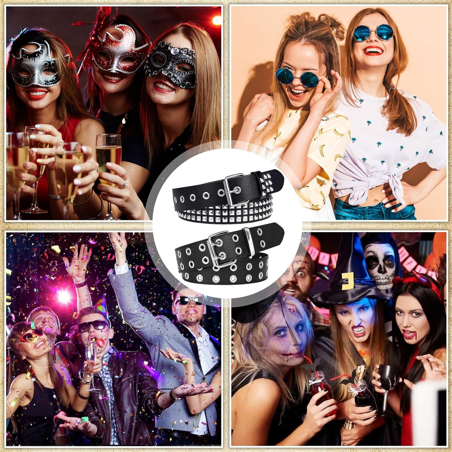 Black Studded Belt, 2 Pcs Y2K Belt Metal Punk Rock Double Grommet Belts with Bri