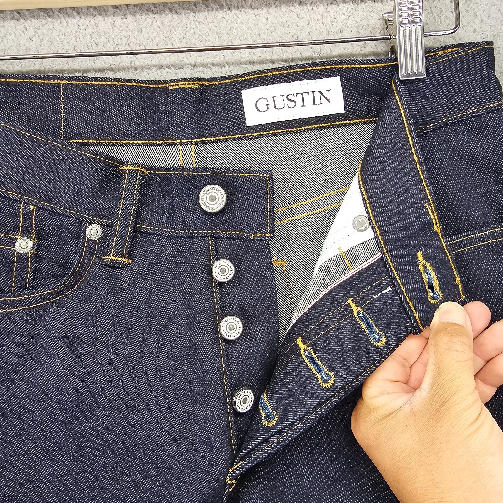 Gustin Selvedge Jeans Mens 31×34 Blue Dark Wash Denim Skinny Button Fly USA