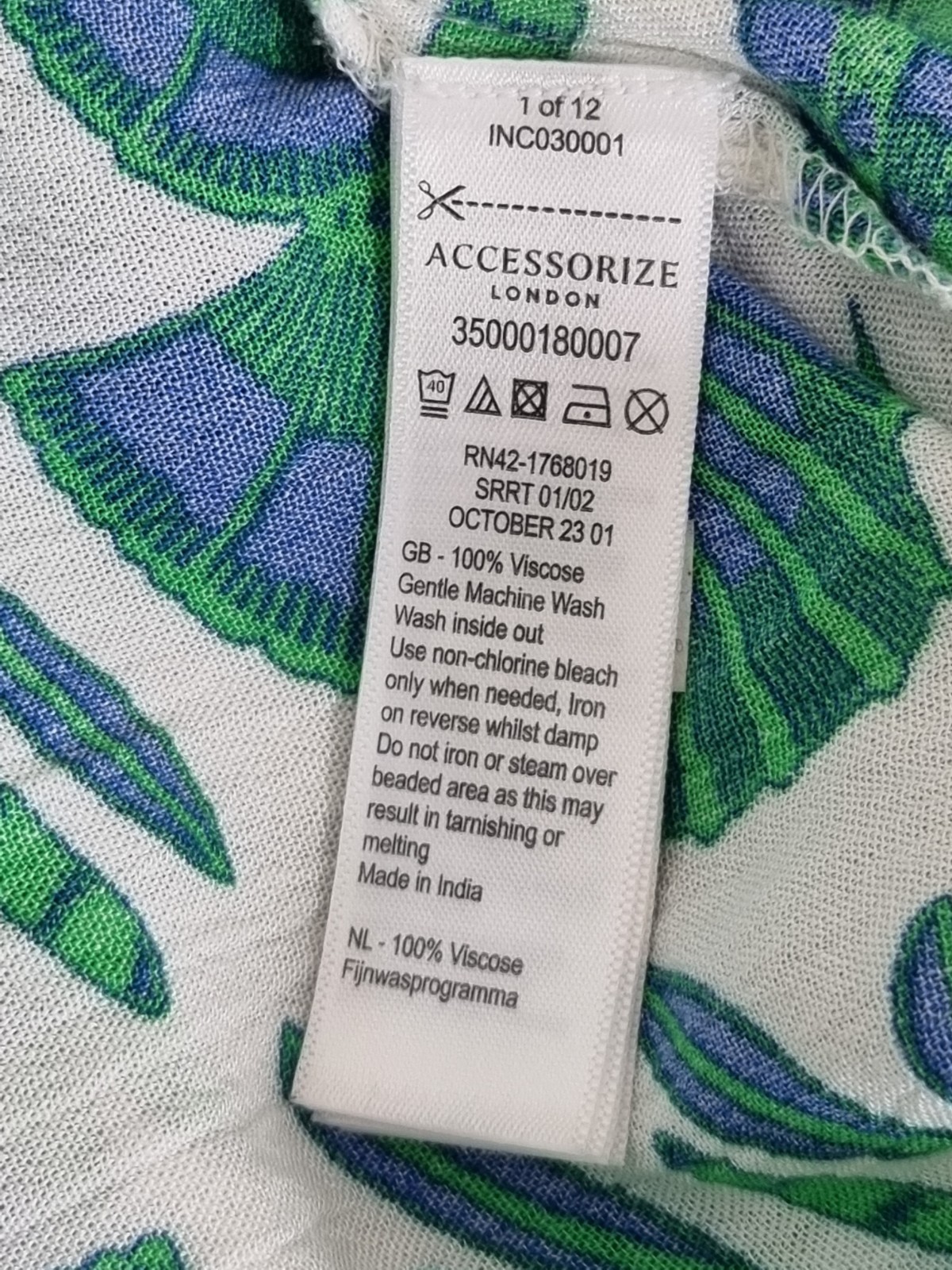 Accessorize 12-14 (M) White Blue Green Fan Print Beaded Tiered Summer Dress