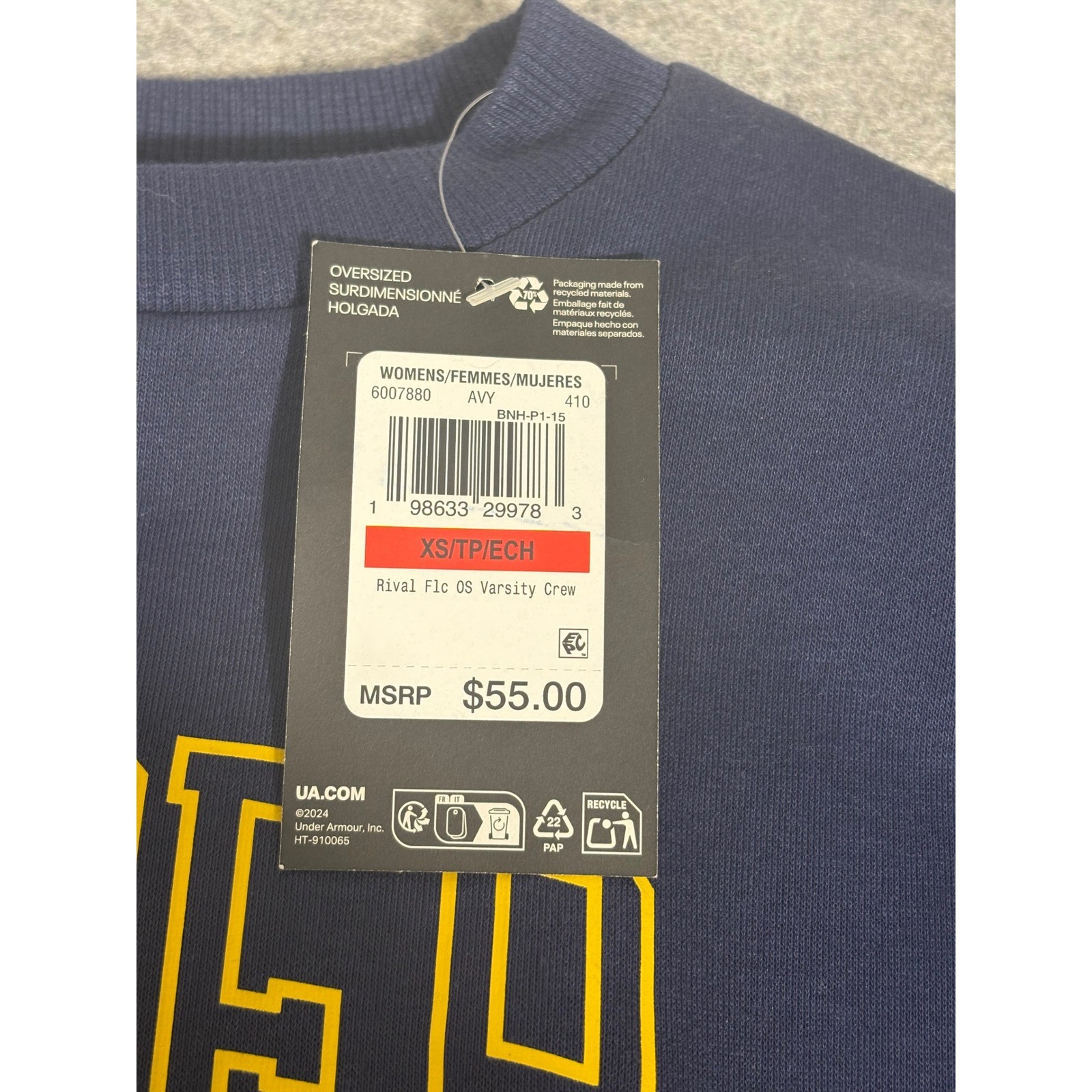 Under Armour Womens XS Oversized Varsity Crew Sweatshirt Navy Yellow Logo