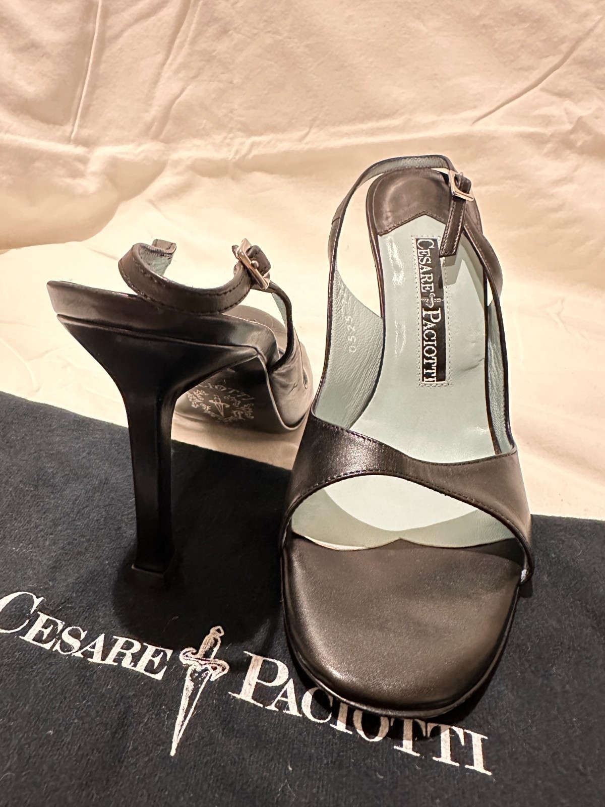 Cesare Paciotti Black Leather Slingback Heels – Iconic Light Blue Insole