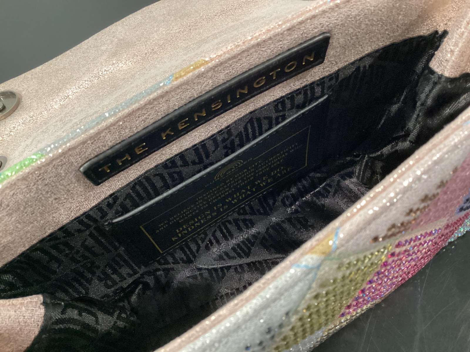 Kurt Geiger Medium 8.5″ x 6″ x 2.75″ Rainbow Iridescent Pink Blue Peach Crystal
