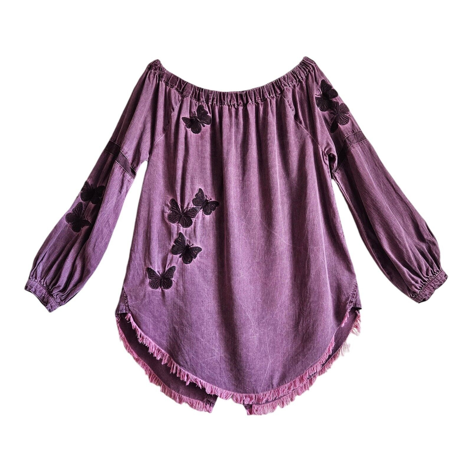 STANDARD GRACE M Boho Blouse On Off Shoulder Embroidered Frayed Hem Tencel 38″
