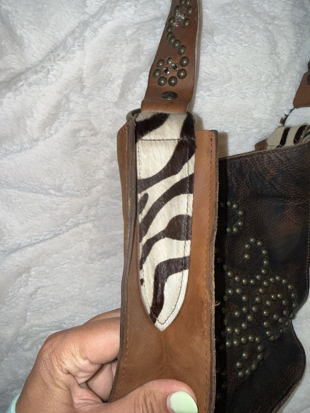 Two Bar West Brown Studded Shoulder Bag for Women w/ Zebra Detail, Bronze