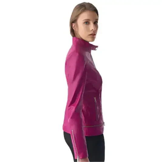 Women’s Stylish Fuchsia Leather Jacket – Zipper Hem Detail