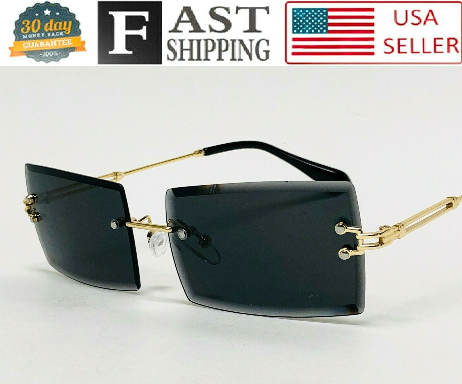 Men’s Rimless Vintage Retro Rectangle Gold CLEAR Lens Fashion Hip Hop Glasses
