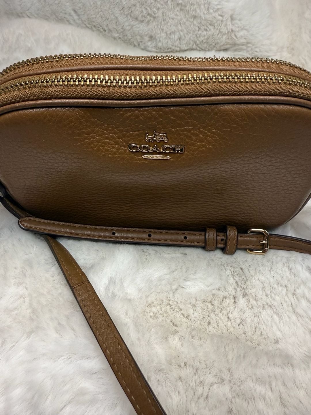 Coach Double Zip Camera Crossbody Bag in Brown Pebbled Leather