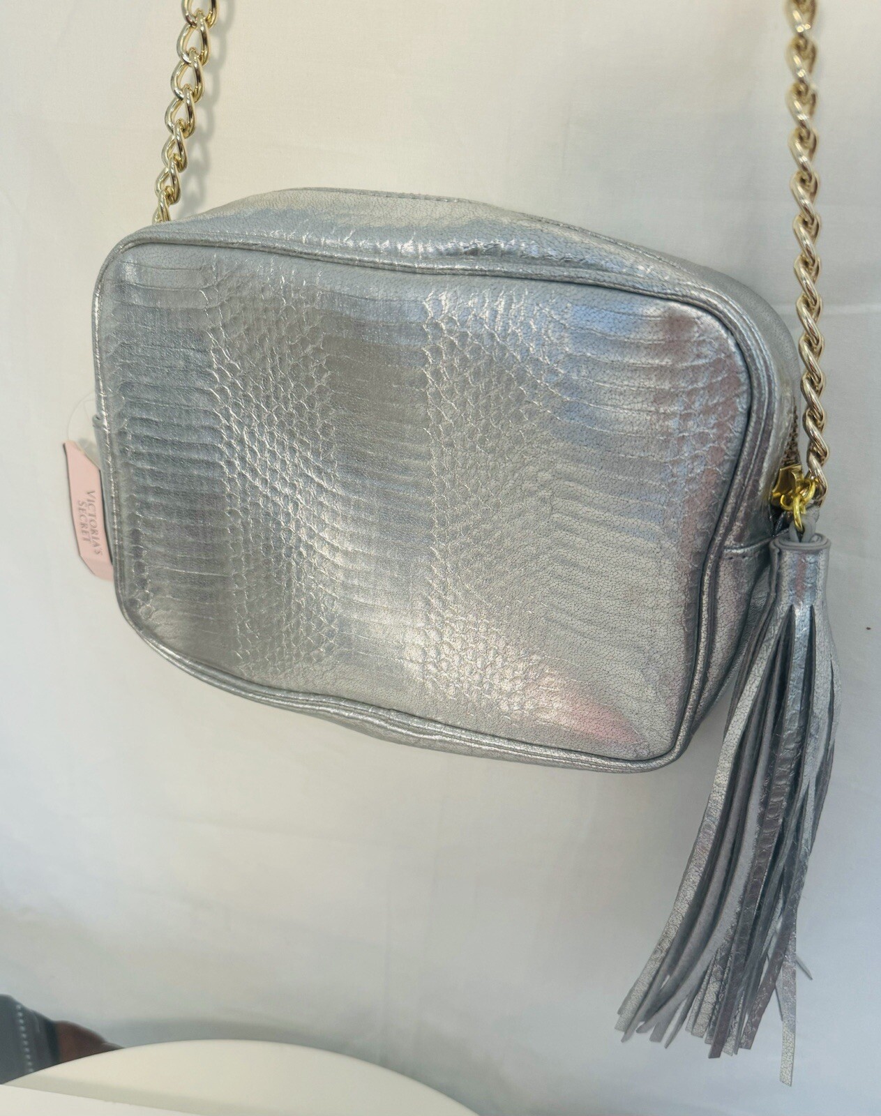 New With Tags Victoria’s Secret Silver Metallic Crossbody Bag Gold Chain