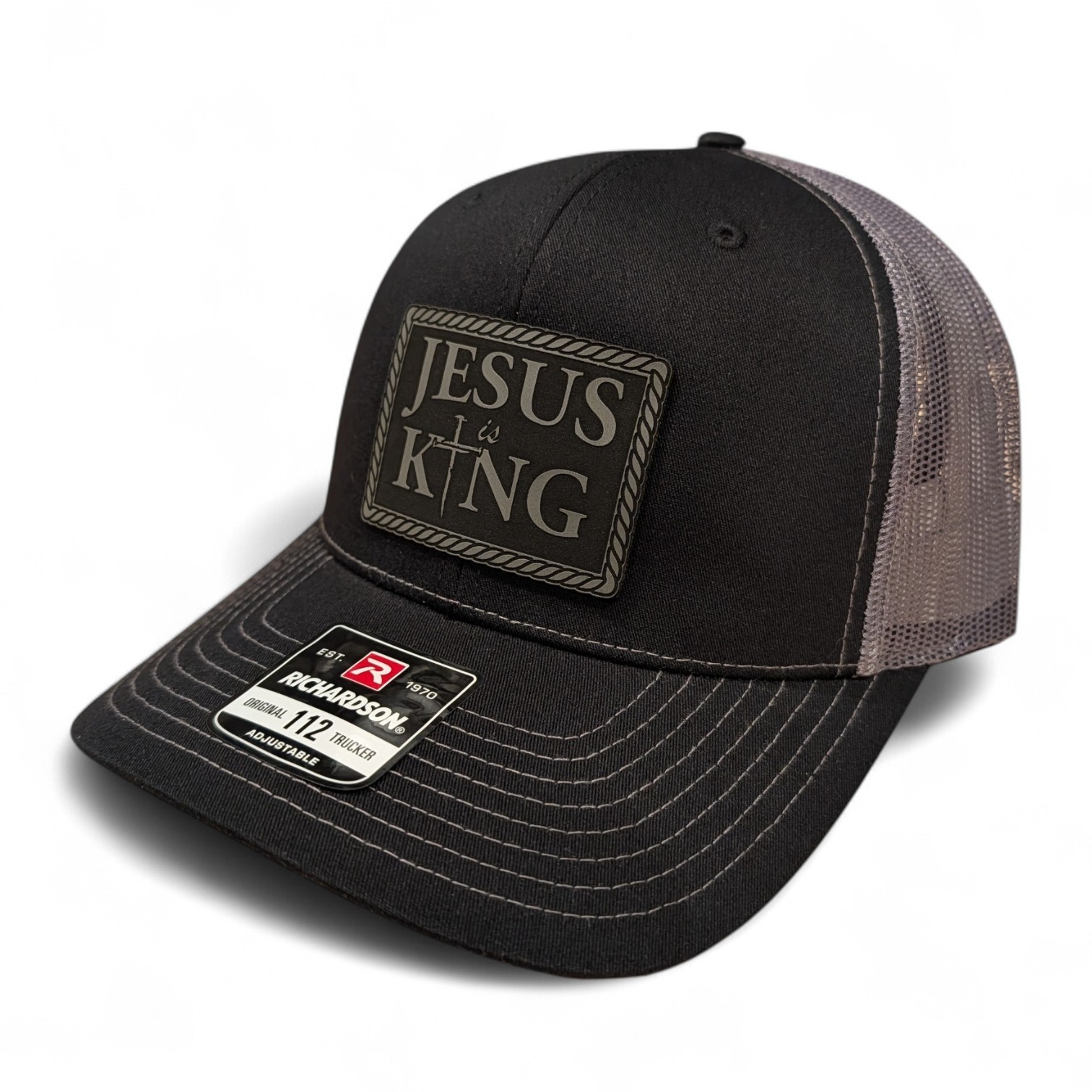 Richardson 112 Jesus Is King 3 Nails Cross, Black Gray Trucker Christensen USA