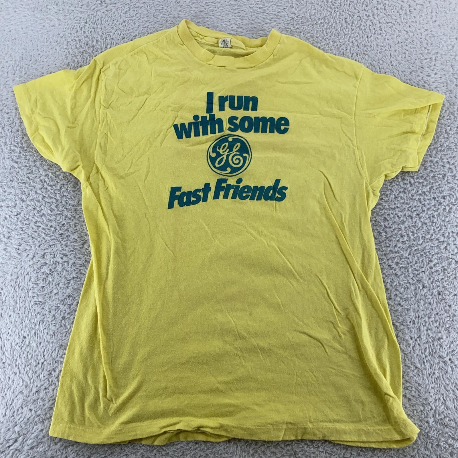 Vtg GE Shirt Medium Yellow Generall Electric Run With Some Fast Friends USA 80s