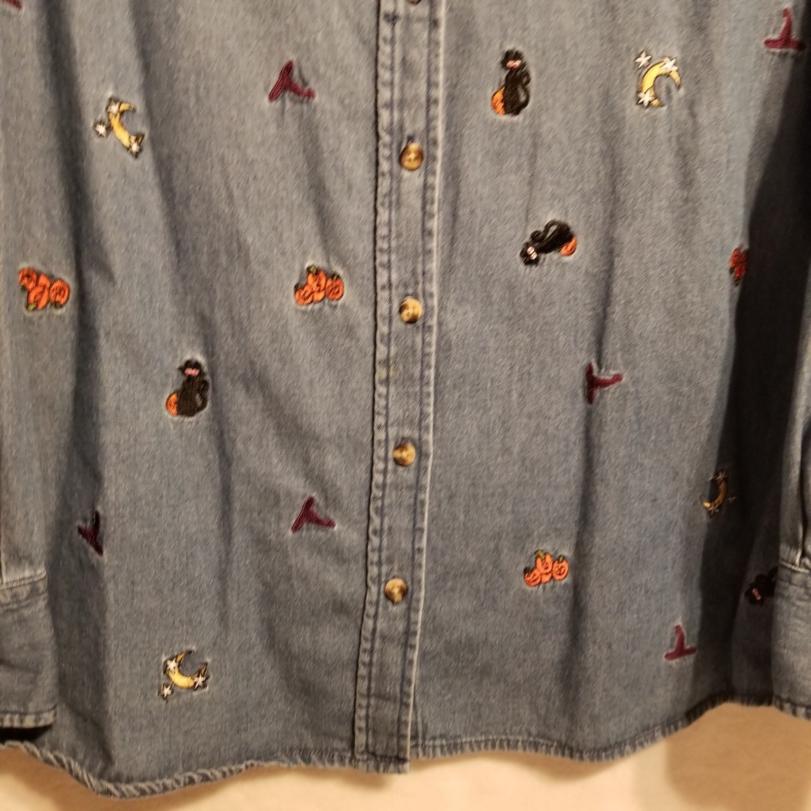 Holiday Editions 3X Shirt Halloween Denim Button Pumpkin Black Cat Star Moon