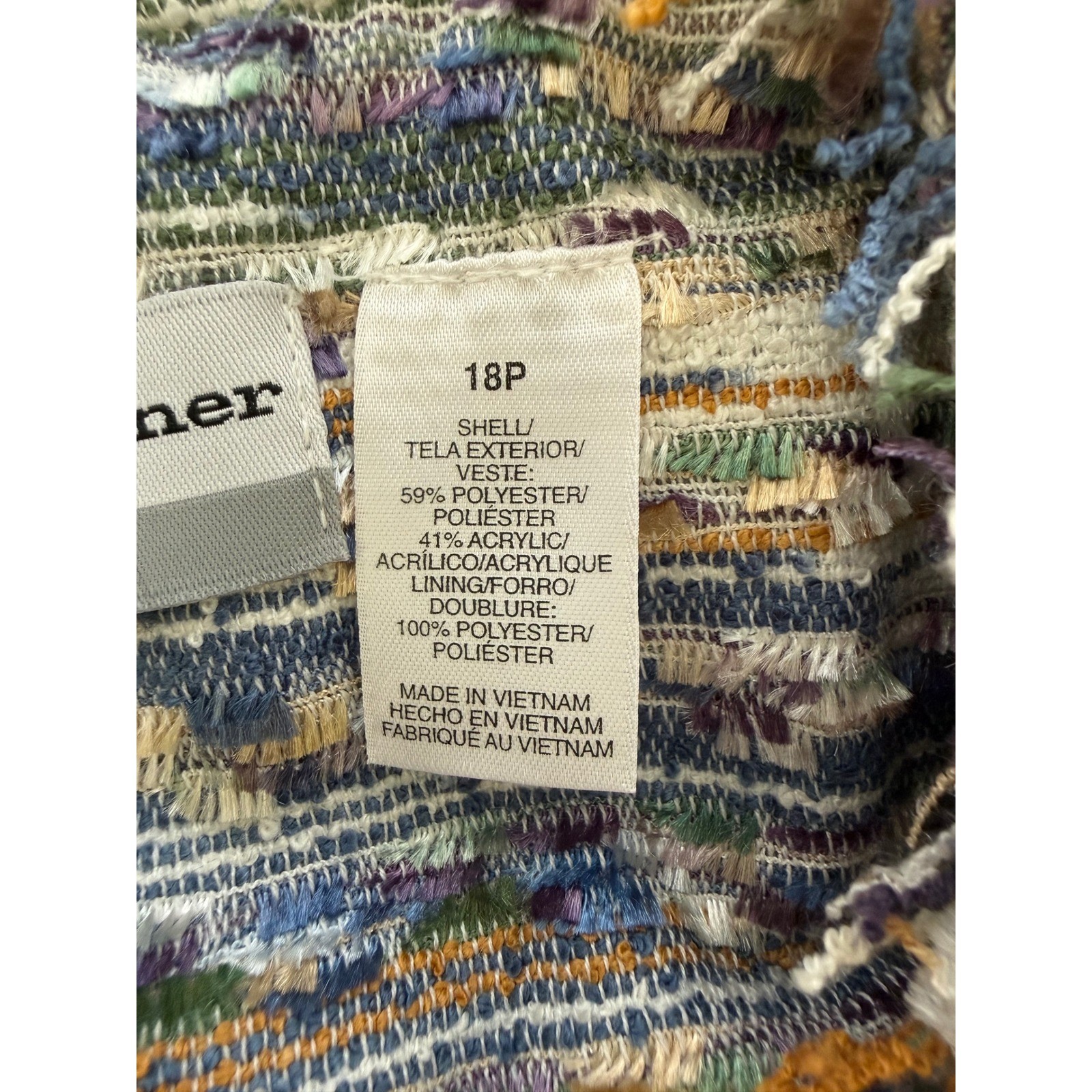 Alfred Dunner Jacket Women 18P Multi Color Excellent Tweed Fringed Open Front