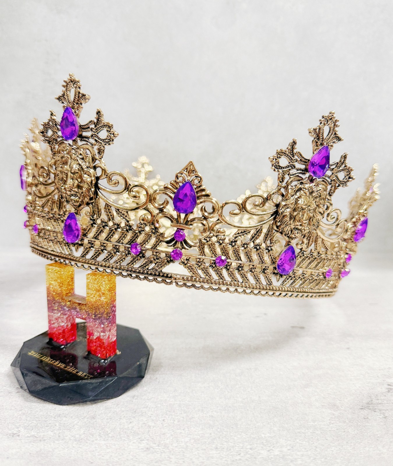 Vintage Lion King Crown, Purple Crystal Crown for Groom, Prom Crown, Gold Crown
