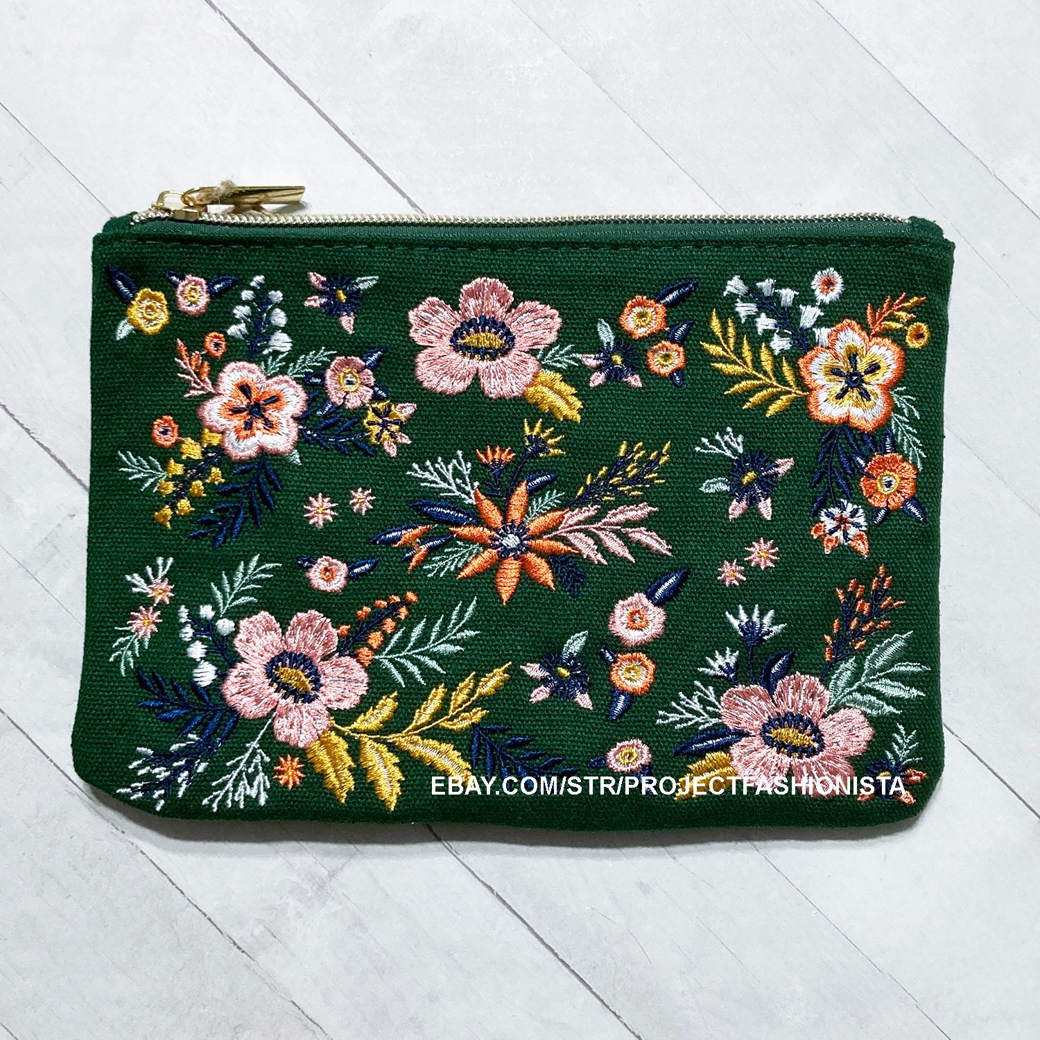 Embroidered Flower Zipper Pouch Cosmetic Bag Travel 7.75″ Green Molly & Rex