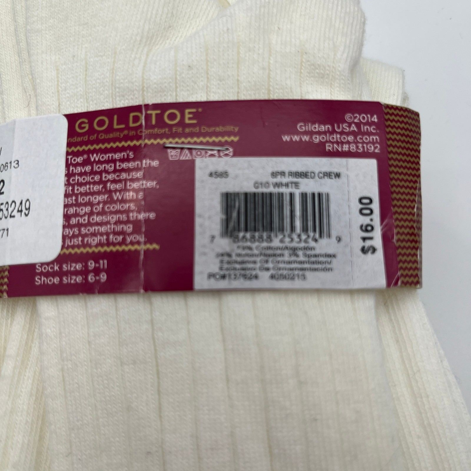 Goldtoe Socks Womens 9-11 White Ribbed Crew 4 Pairs Cotton Blend 4585