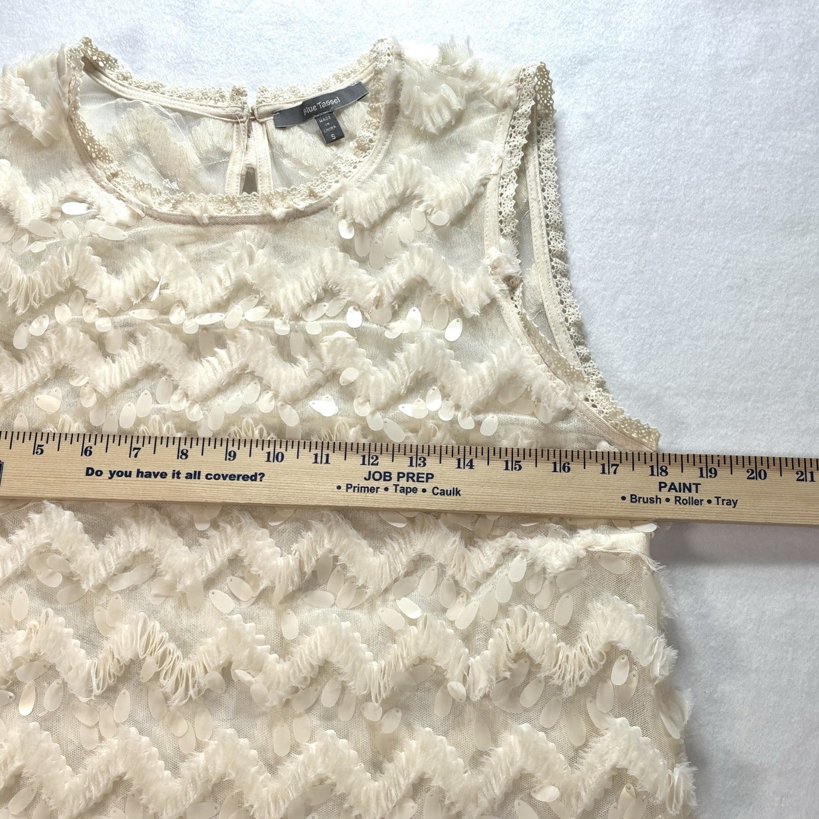 Anthropologie BLUE TASSEL Ivory Semi Sheer Top Sleeveless Embellished Women’s S
