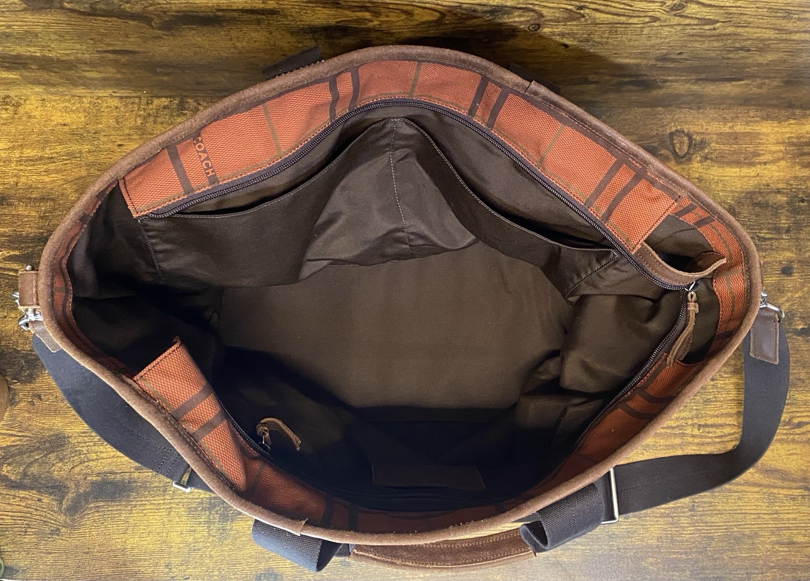 Coach Camden Plaid Orange/Brown Canvas Tatersall Tote Weekend Travel Bag RARE