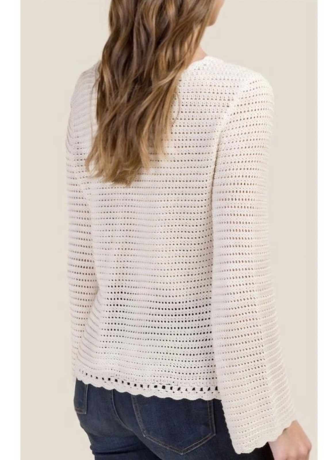 francesca’s Beige/Red Crochet Open-Knit Floral Sweater Scoop Neck Bell S