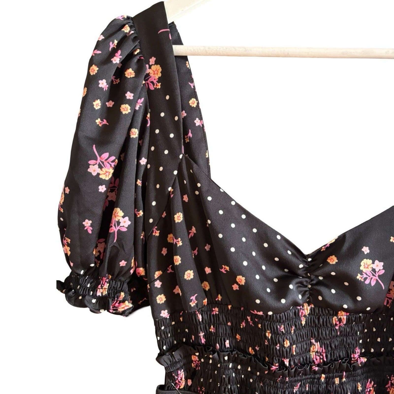 For Love and Lemons Camellia Smocked Belted Mini Dress Black Floral NWOT Sz L