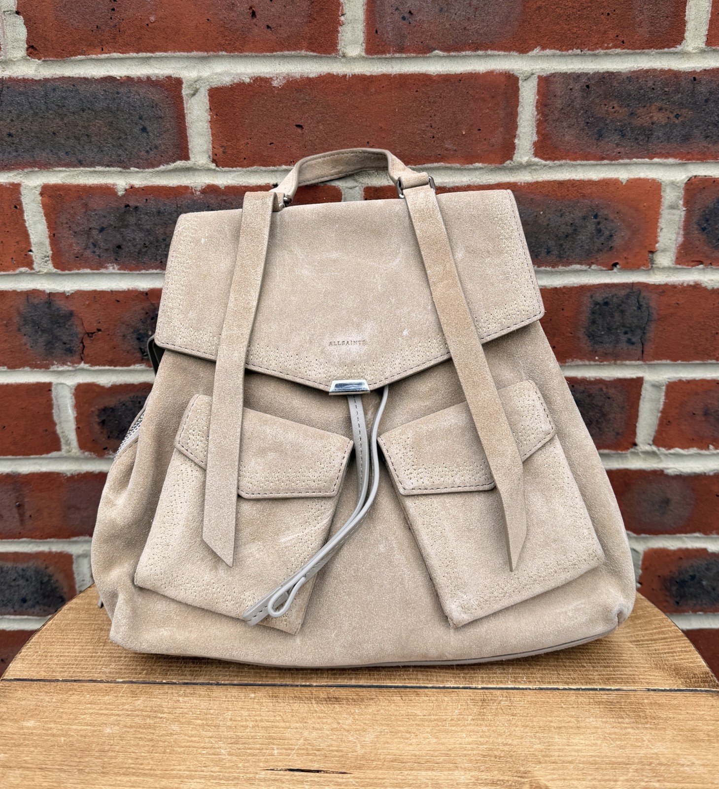 All Saints Spitalfields Ladies ZIGGY Suede Backpack Bag Leather AllSaints Sand