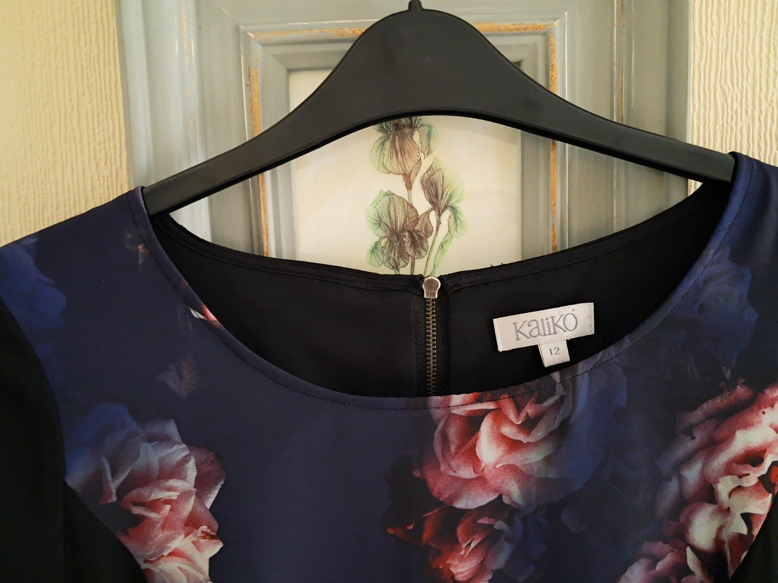 Kaliko black navy ivory pink floral panel tunic dress. UK 12. New