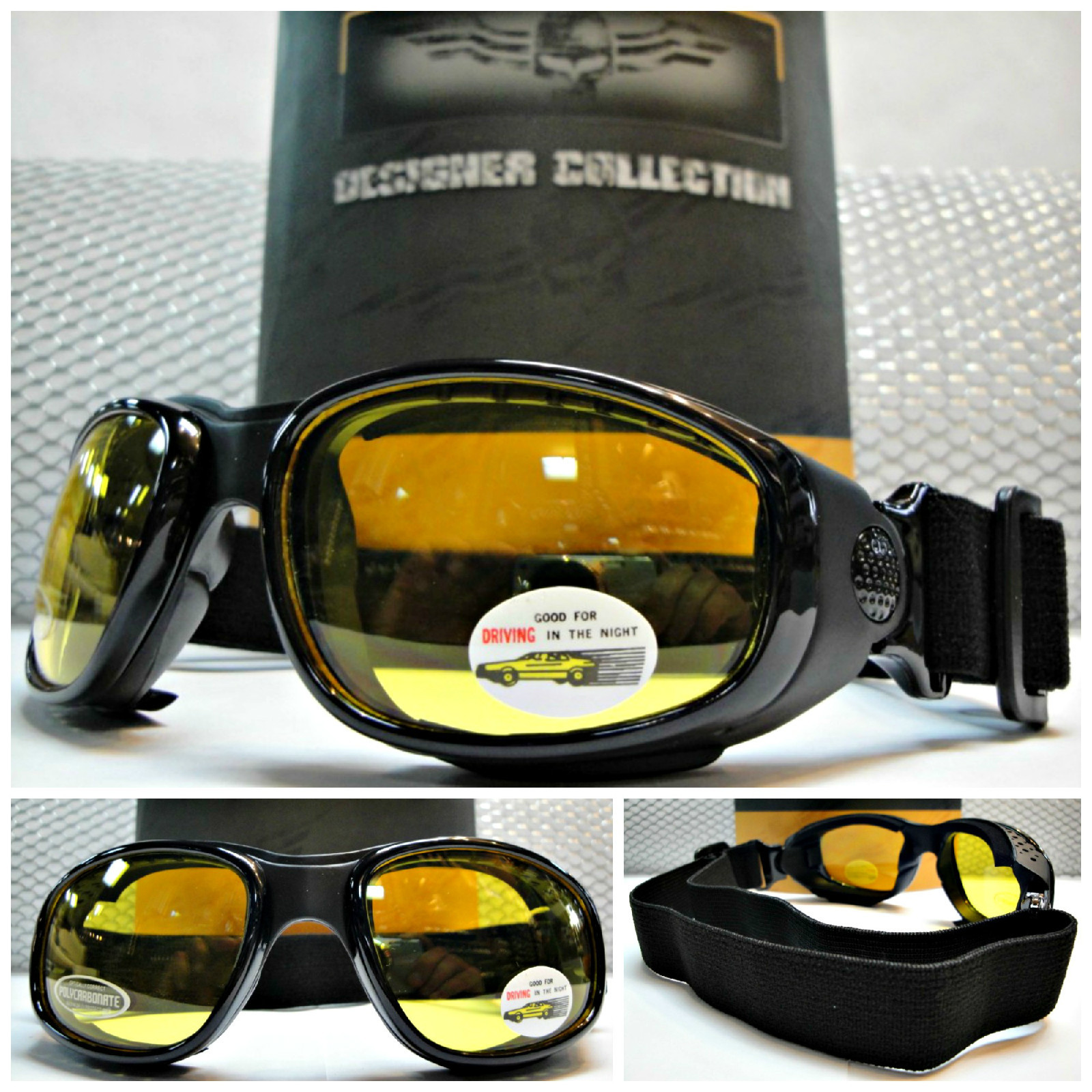 PADDED MOTORCYCLE Day or Night RIDING GOGGLES With Strap Black Frame Yellow Lens