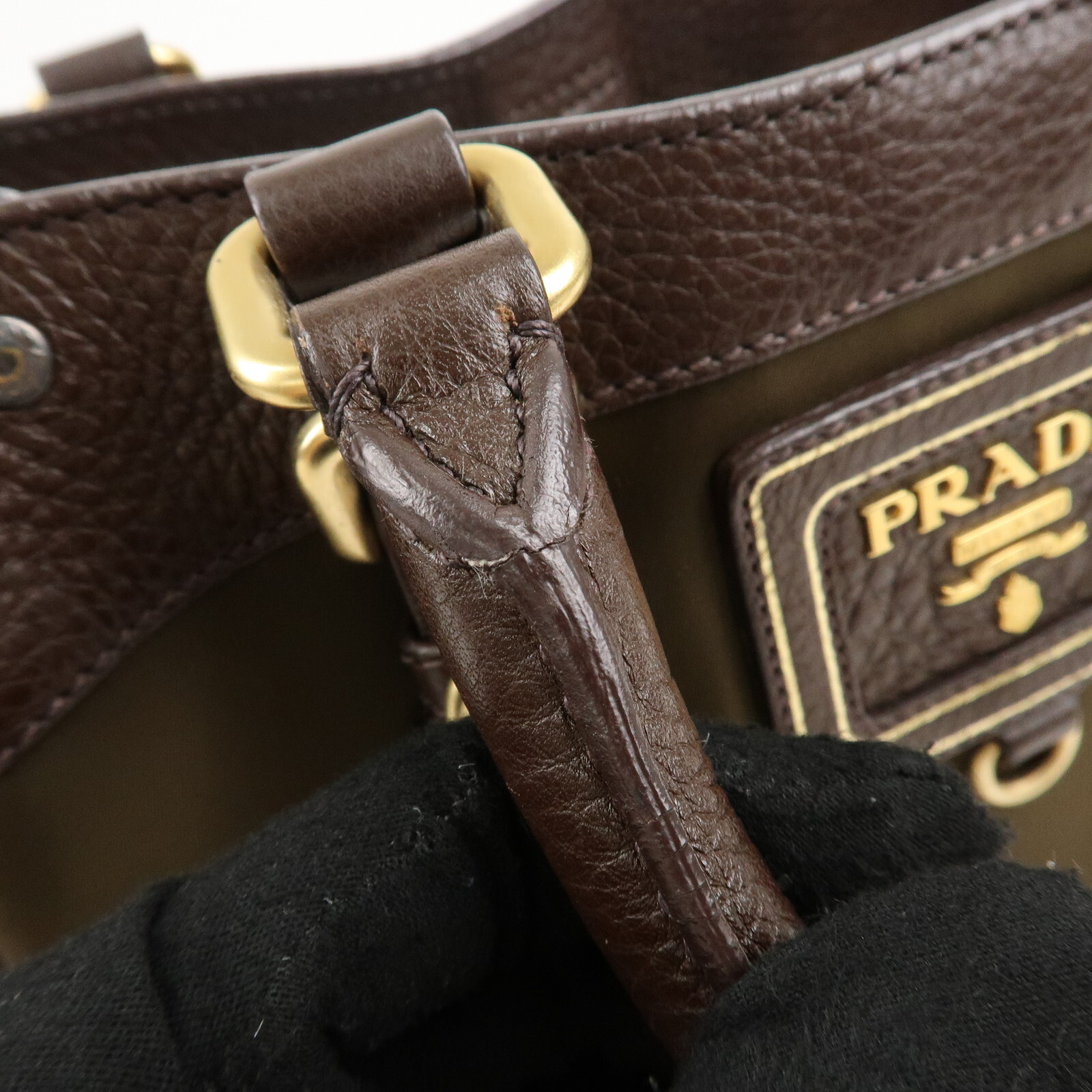PRADA Logo Hand Bag Kahki Brown Nylon Leather BN1221 Auth Used