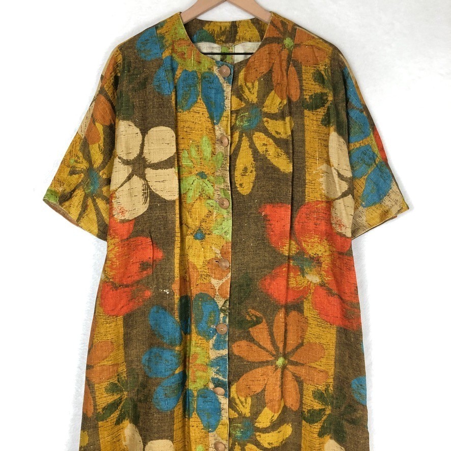 VTG 70s Floral Button Front Maxi Dress Duster Sz L Earthy Retro Homemade