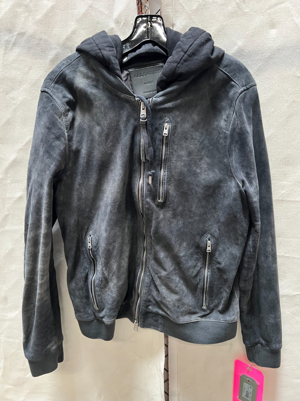 ALLSAINTS Suede Troy Bomber With Detachable Hood, Size Large, NWT $569.00