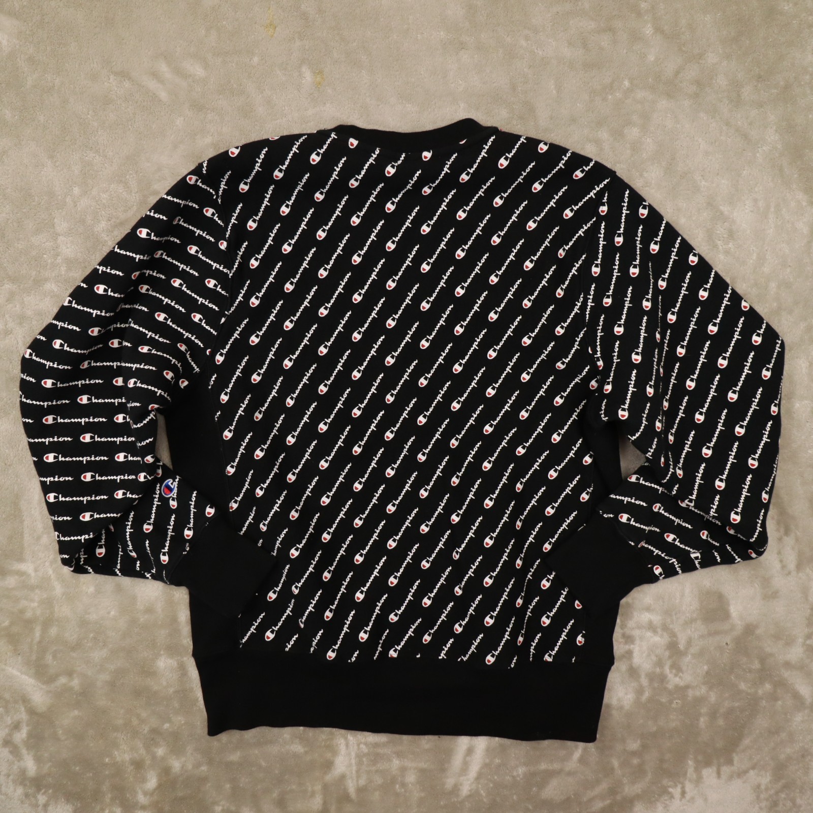 Champion Reverse Weave Y2K Black Diagonal Print Crew Neck Sweatshirt size Large