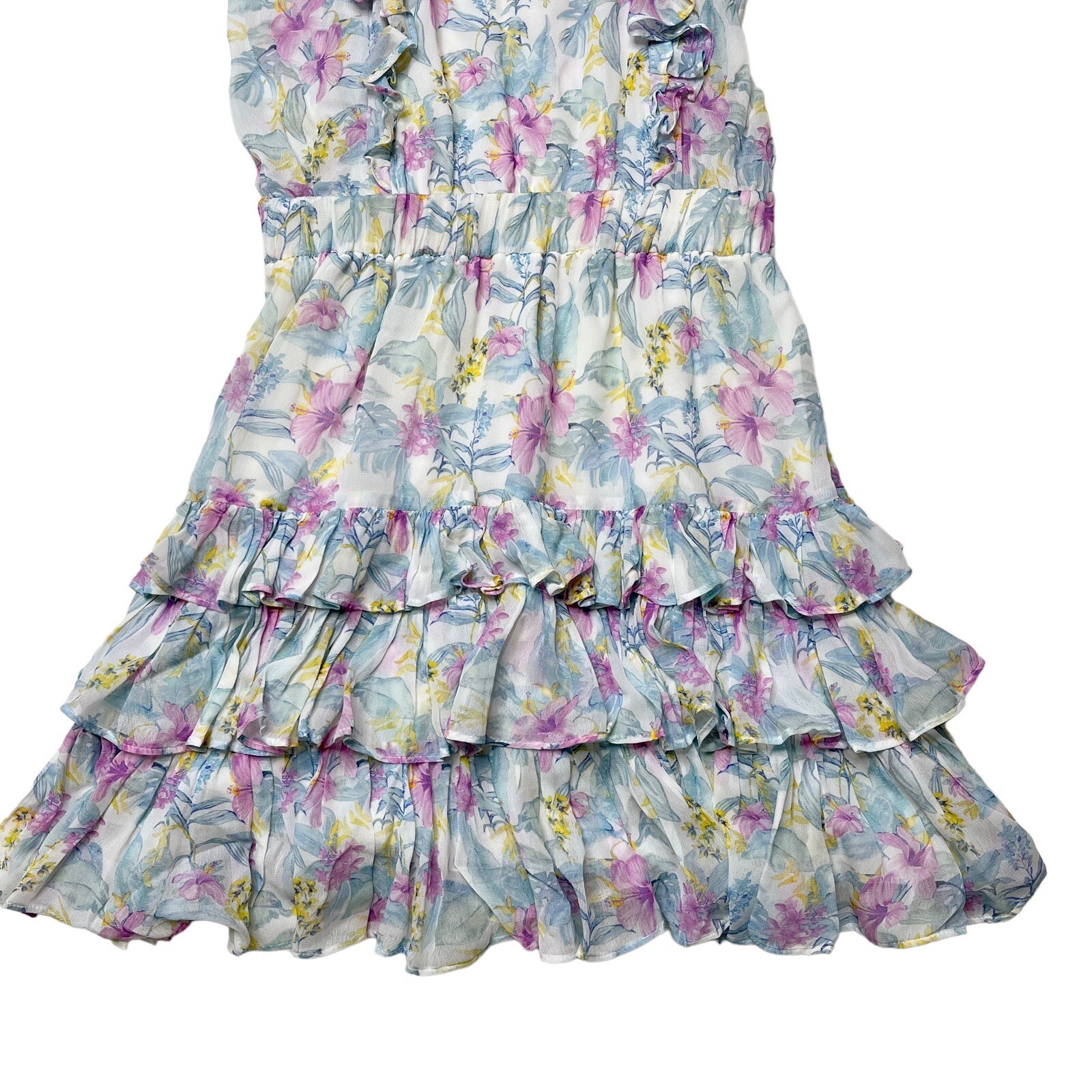LOVESHACKFANCY Womens Dress Size XS Ivoire Floral Chiffon Mini white ruffle Blue