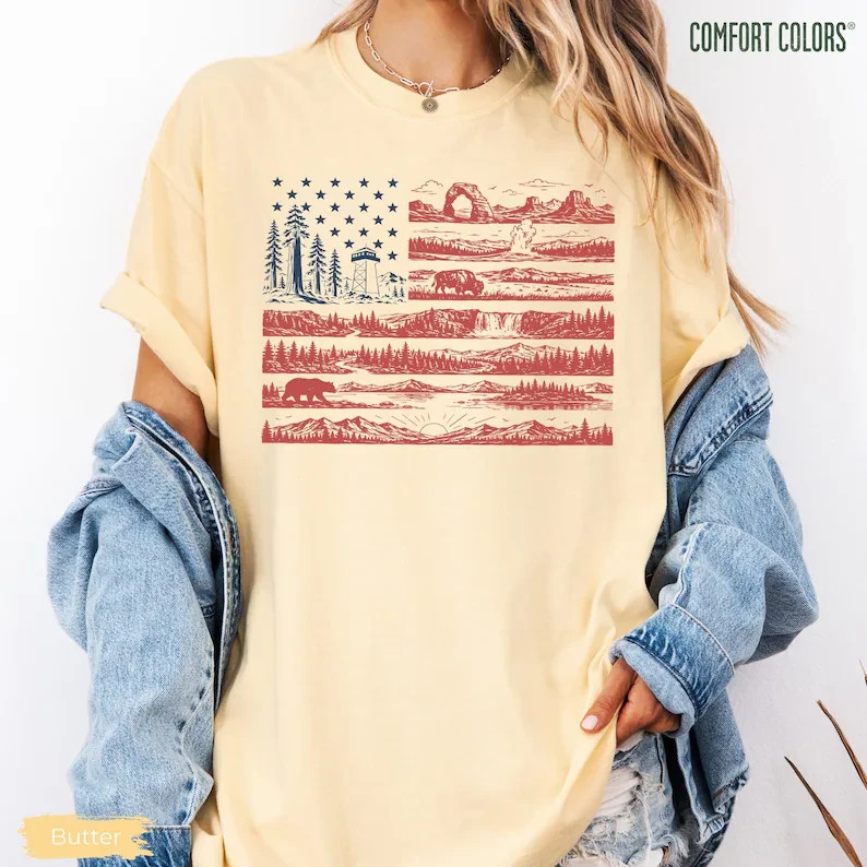 Vintage National Parks US Flag T-Shirt Retro American Flag Nature Graphic Tee