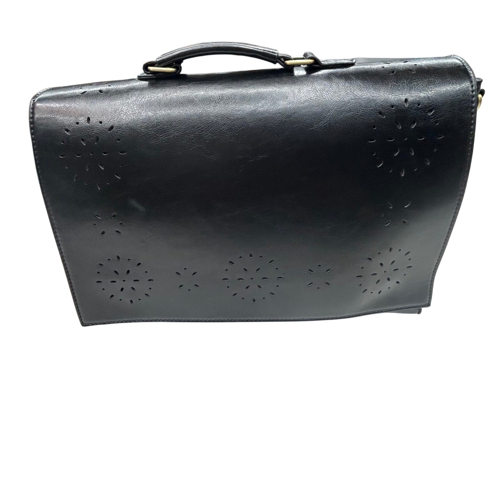 Ecosusi Black Vegan Leather Bag Satchel Messenger Laptop Breifcase Floral Cutout