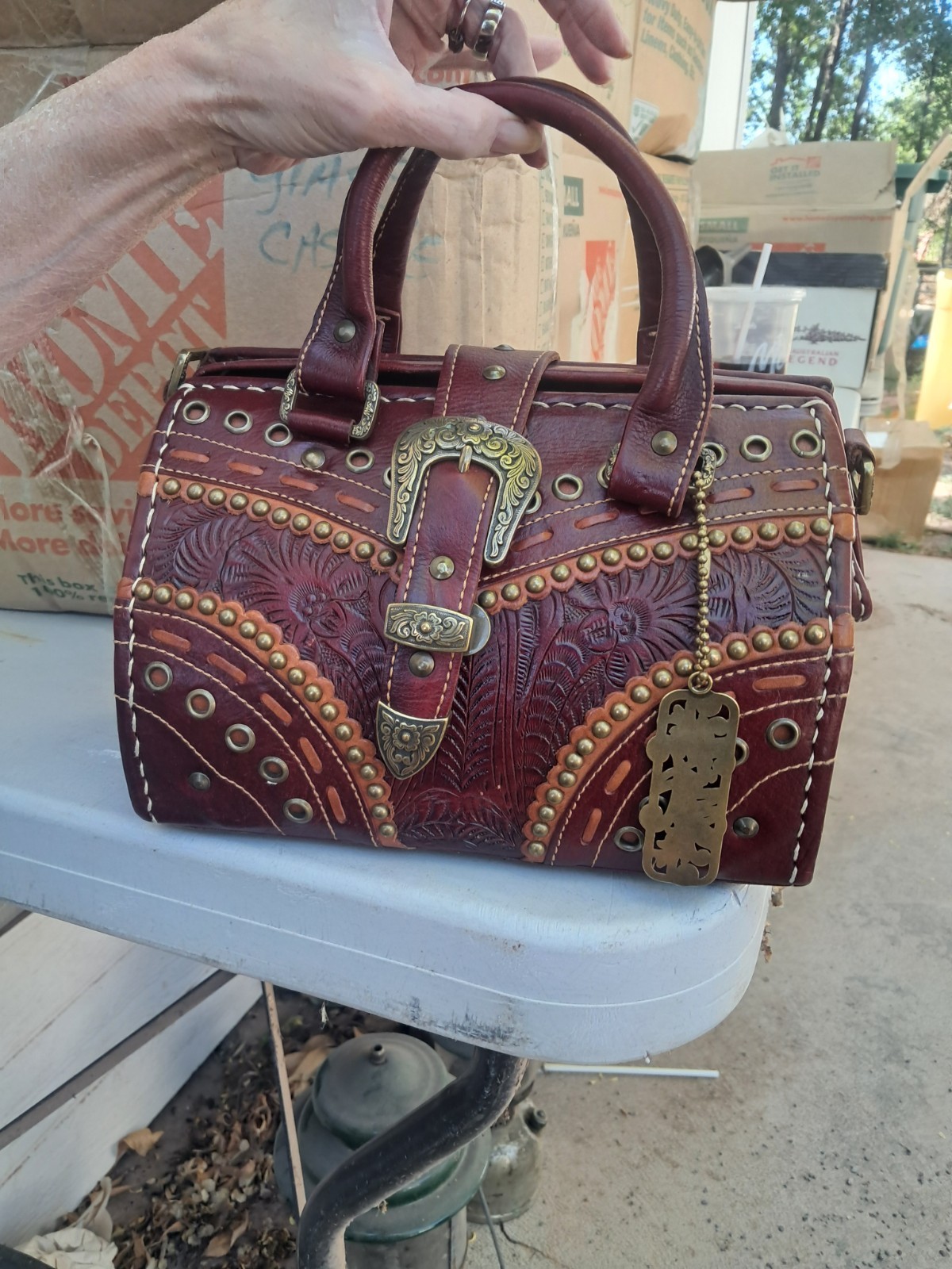 Burgundy Satchel Top Handle Embossed Floral Buckle Studs Grommets Charm